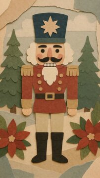 Whimsical nutcracker paper art with a top-down angle, showcasing vibrant colors and textures. Ideal for festive video backgrounds or holiday decor. Live mobile wallpaper.