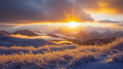 Golden sunrise paints a breathtaking winter wonderland over the majestic mountain range, perfect for travel promotions and inspiring adventure seeking vacation videos with snowy peaks - Powered by Adobe