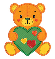 Charming stitched teddy bear holding heart, perfect for Valentine's Day cards, kids' designs, or heartwarming promotional material filled with joy and love