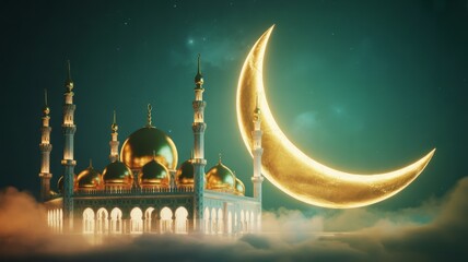 Golden crescent moon and mosque a serene Islamic illustration for Ramadan Eid celebrations and spiritual themes
