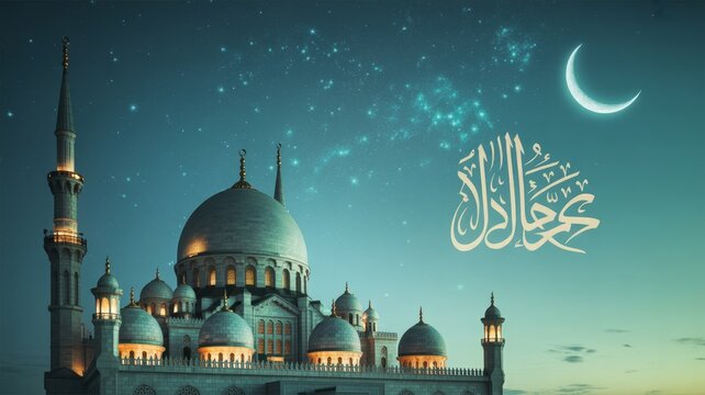 Mosque with crescent moon and Arabic calligraphy Islamic architecture in a night scene perfect for Ramadan and Eid celebrations