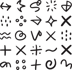 Collection of hand drawn doodle icons and symbols on white background