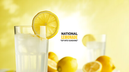 A refreshing glass of lemonade with lemon slices and ice, set against a bright yellow background with the text 'National Lemonade: Sip Into Sunshine'.