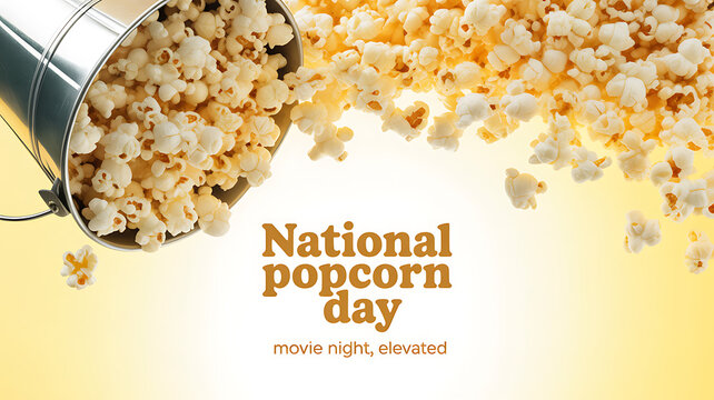 National Popcorn Day celebration with popcorn spilling from a metal bucket on a yellow background - Powered by Adobe