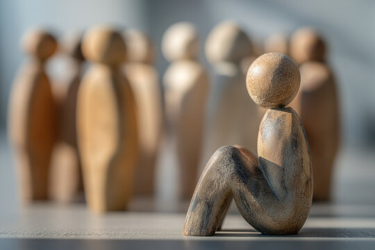 Calm wooden figure sitting in thoughtful pose near blurred group, representing empathy, support, and kindness for mental health awareness 