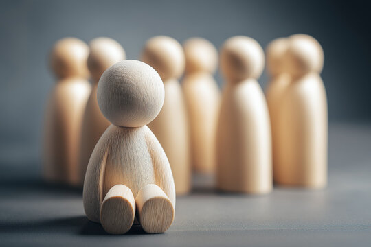 Calm wooden figure sitting in thoughtful pose near blurred group, representing empathy, support, and kindness for mental health awareness 