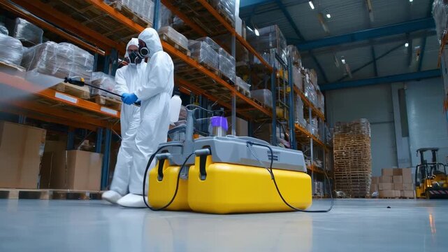 Medium shot of pest control professionals setting up gas fumigation in a commercial warehouse focusing on safe application and containment.