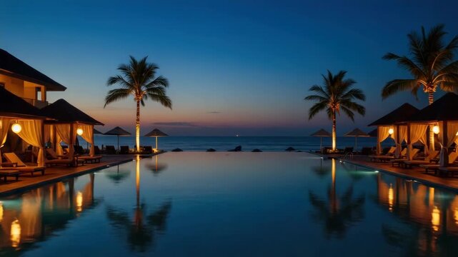 Evening poolside scene featuring palm trees and illuminated structures
