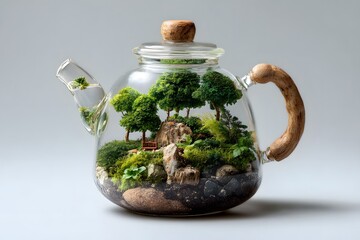 A terrarium in a teapot, highlighting artistry, nature, and imaginative atmosphere.
