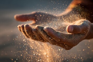 Hands releasing sand, emphasizing transience, wonder, and ethereal atmosphere.
