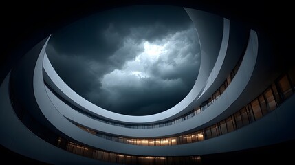 A modern architectural structure, emphasizing innovation, design, and dramatic atmosphere.