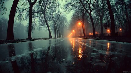 A misty street at night, highlighting urban atmosphere, solitude, and reflective mood.