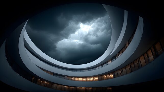 A modern architectural structure, emphasizing innovation, design, and dramatic atmosphere.