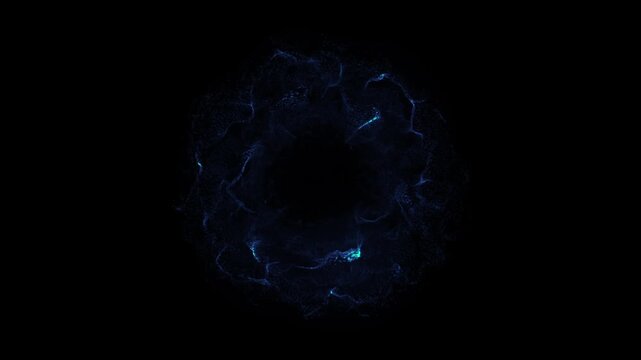 A blue particle shockwave explosion expands and dissipates on a black background. For intros, logos, or abstract energy concepts
