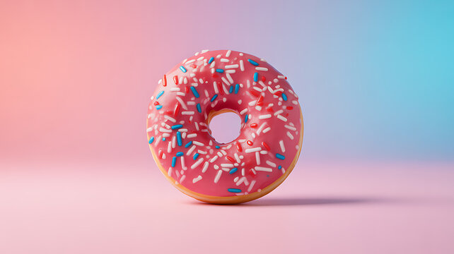 A pink frosted donut with colorful sprinkles on a gradient background - Powered by Adobe
