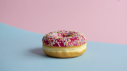 A pink frosted donut with colorful sprinkles on a pastel blue and pink background