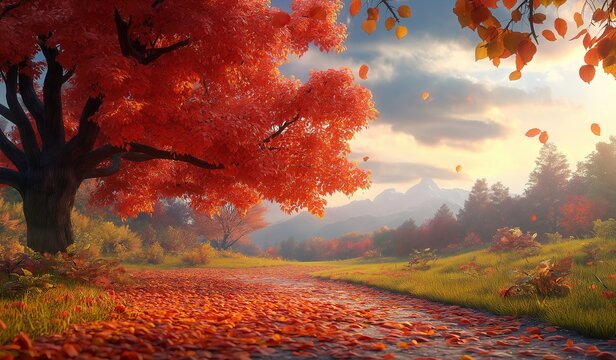 Autumn landscape with red tree beautiful sky and mountain background featuring a path covered in fallen leaves for fantasy game concept art.