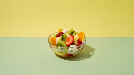 A glass bowl filled with assorted sliced fruits including kiwi, strawberry, orange, and melon on a two-toned background.