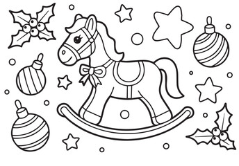 Line art features a rocking horse, holly, ornaments, and stars on a transparent background, coloring book, contour, outline, page, kids, coloring page, book, printable, easy, coloring, pages