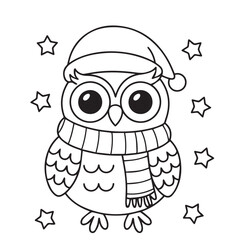 A cute owl with a winter hat and scarf stands among outline stars transparent, coloring book, contour, outline, page, kids, coloring page, book, printable, easy, coloring, pages