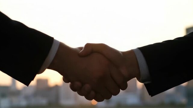 Business handshake silhouette against cityscape at sunset, conveying agreement or partnership use