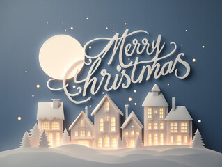 Dreamy Christmas landscape created in paper cut art, with glowing moon, snow-covered houses, and cursive Merry Christmas typography on soft night sky.