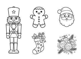 Outlined Christmas set showcases a nutcracker, gingerbread person, Santa Claus, stocking, and ornaments , coloring book, contour, outline, page, kids, coloring page, book, printable, easy, coloring, 
