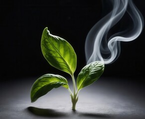 Fresh Green Plant with Smoke on Dark Background in Artistic Display