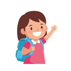 Obraz premium Cheerful young girl with brown hair waves, carrying a blue backpack, smiling.