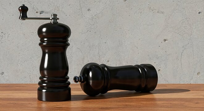 Elegant Spice Grinders: Two classic black spice grinders stand proudly on a polished wooden surface, a symbol of culinary refinement and the art of flavor enhancement. 