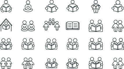 Illustration showing a collection of people icons reading books, meditating, and in group settings in black and white