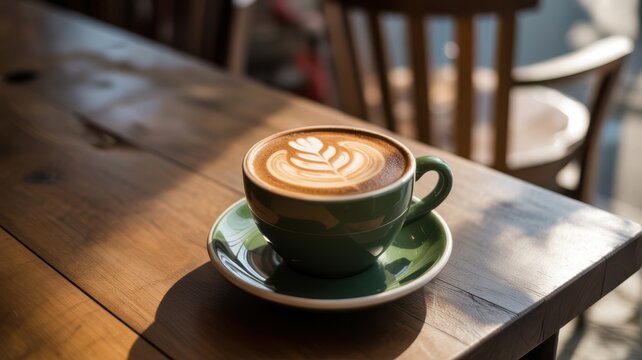 A cup of cappuccino with latte art on a wooden table in a cafe.