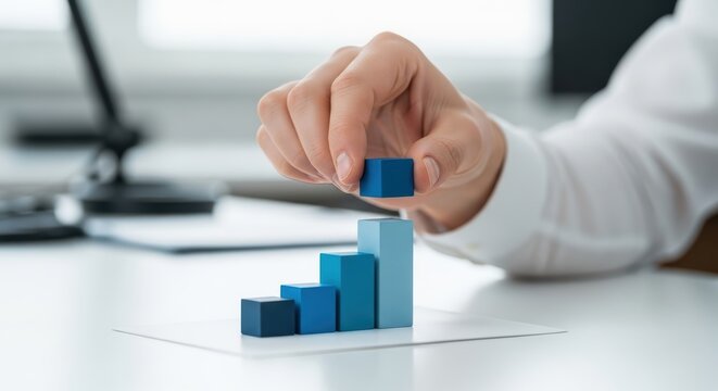 Business growth concept with a hand arranging blue blocks