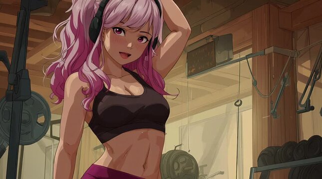 Anime Woman in Sports Bra Performing Warm Ups with Sport Bra at Gym for Strength Training	