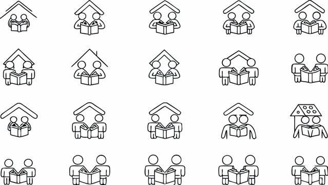 Illustration showing multiple instances of people reading books together under roof structures design