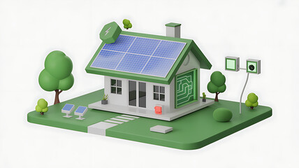 Futuristic 3D illustration of a glowing smart home model with digital connections, representing home automation, IoT technology, energy efficiency, and modern innovation in intelligent living systems.