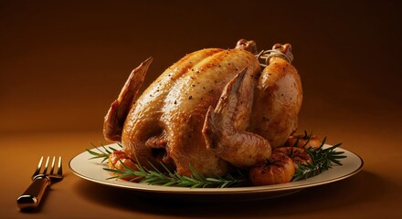 Roasted Turkey Feast: A golden-brown, succulent roasted turkey rests on a decorated plate, a culinary masterpiece ready to grace a festive table.