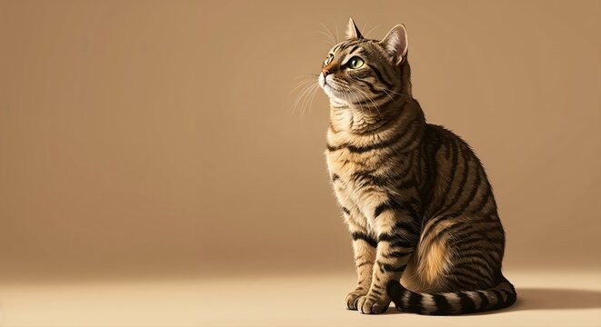 Elegant Feline Pose: A captivating tabby cat is captured in a graceful seated pose, its eyes fixed upward with a look of serene curiosity. The warm.