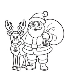 Cartoon Santa is cheerfully posing with his reindeer friend in an outlined illustration, coloring book, contour, outline, page, kids, coloring page, book, printable, easy, coloring, pages