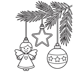 Line art shows pine branch with angel, star and bauble decorations hanging down, coloring book, contour, outline, page, kids, coloring page, book, printable, easy, coloring, pages