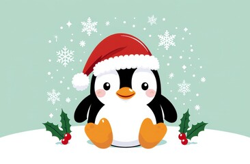 Cute christmas penguin with santa hat and snowflakes in winter scene