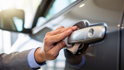 Hand holding car key to unlock vehicle door handle for entry