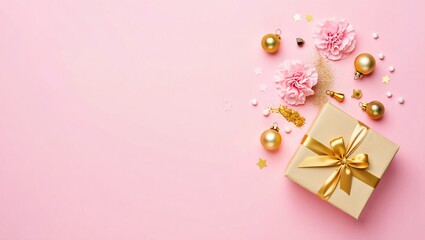 Elegant easter gift box with golden eggs and pink flowers on a soft pink background