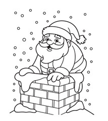 Santa Claus in outline sits on a brick chimney with snow falling around him, coloring book, contour, outline, page, kids, coloring page, book, printable, easy, coloring, pages