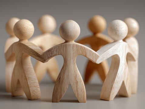 Group of wooden mannequins reaching out to include another, showing empathy, unity, and compassion in overcoming workplace bullying and social exclusion.
