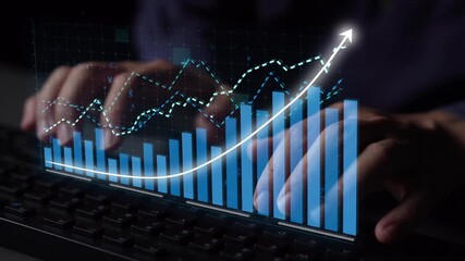 Hands typing on a keyboard with an overlaid graphical chart showcasing a growing trend, emphasizing data analysis and digital finance in a modern workspace. Copula - Powered by Adobe