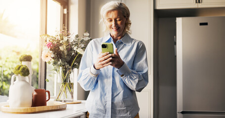 Home, smartphone and senior woman with smile, retirement and connection with social media. Window,...