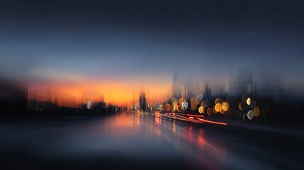 Blurry cityscape at sunset with golden sky soft bokeh lights and urban silhouettes dreamy evening skyline atmospheric background for web banners posters wallpapers social media and travel visuals