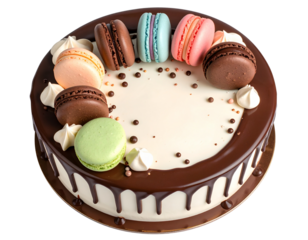 Close-up top view of chocolate drip birthday cake with macarons, isolated on a transparent background, PNG 