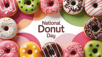 Colorful donuts arranged in a circle celebrating National Donut Day